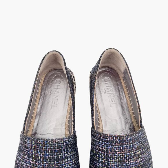 Chanel CC Cap Toe Espadrilles EU 39 US 8-8.5 Navy Metallic Tweed Slip On Flat - Picture 4 of 12